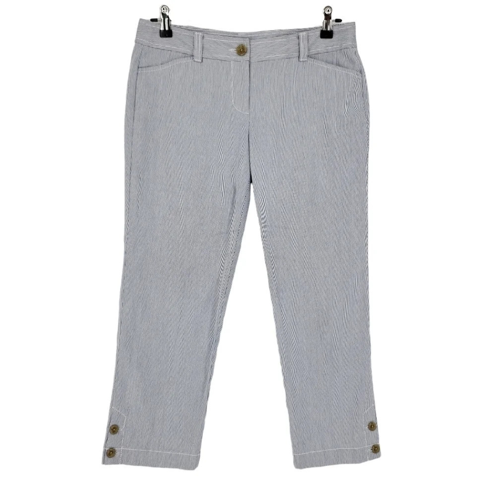 Ann Taylor LOFT Original Crop Pants Blue Conductor Striped Button Ankle